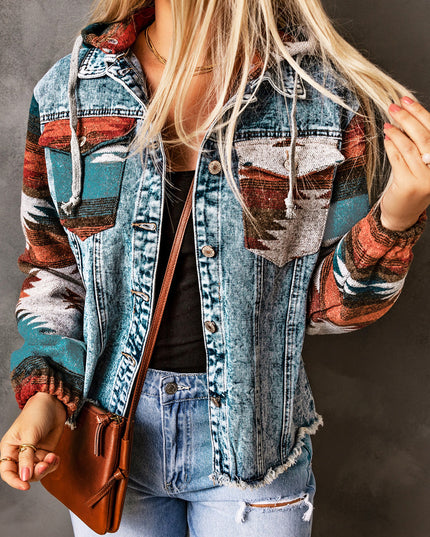 Multicolor Aztec Print Frayed Hem Denim Jacket