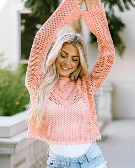 Pink Hollowed Eyelets Knit Bell Sleeve Sweater