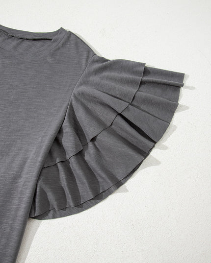 Dark Grey Double Ruffled Short Sleeve Plus Size Top