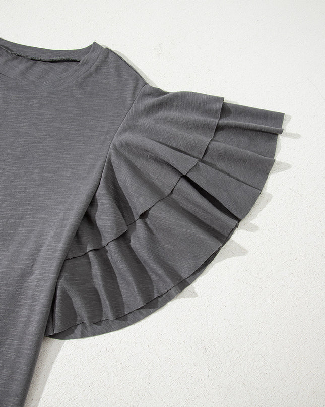 Dark Grey Double Ruffled Short Sleeve Plus Size Top