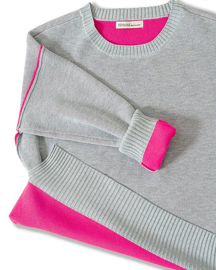 0805 Round Neck Contrast Trim Sweater SI-28343 Zenana