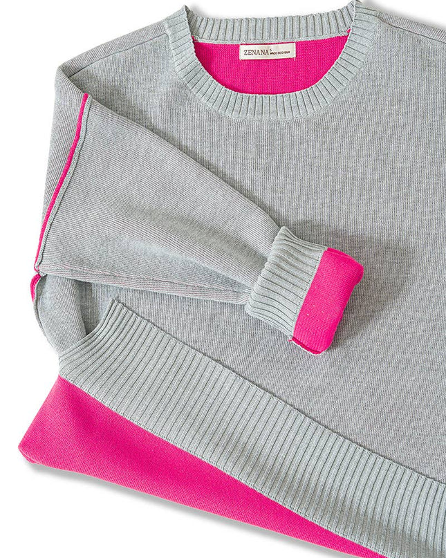 0805 Round Neck Contrast Trim Sweater SI-28343 Zenana