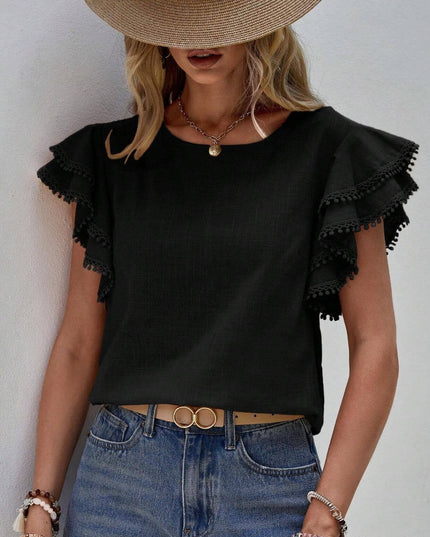 Crewneck Loose Lace Ruffle Short-Sleeved T-Shirt Top