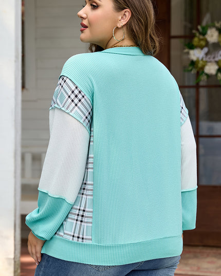 Aruba Blue Twist Ribbed Color Block Plaid Patchwork Plus Size Long Sleeve Top