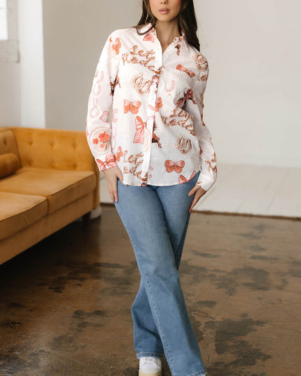 White Rodeo Cowgirl Print Western Button up Shirt