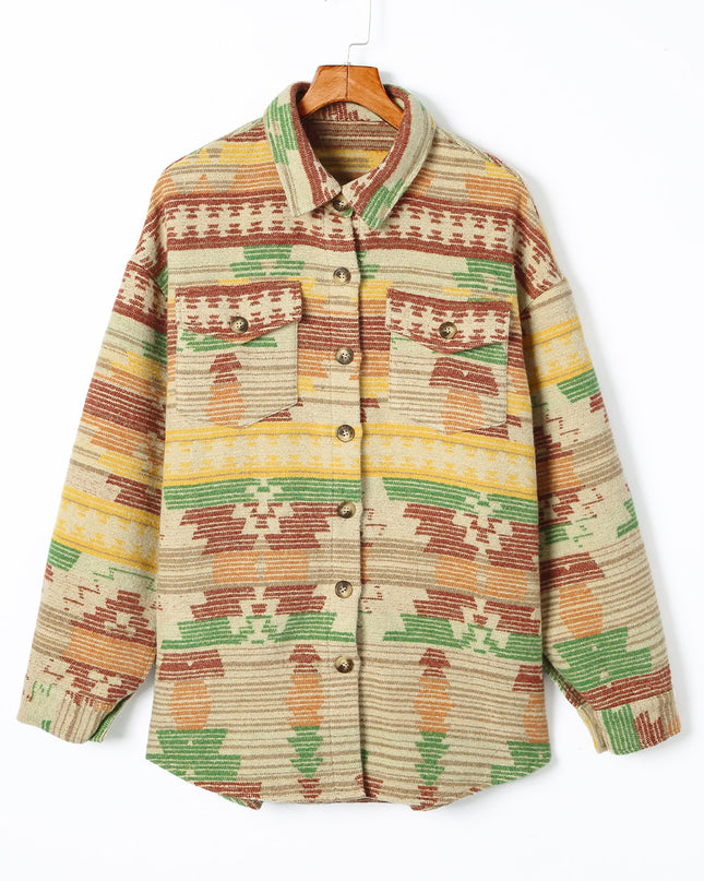 Yellow Western Aztec Print Button Flap Pocket Shacket