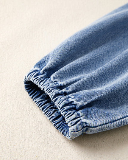 Myosotis Puff Sleeve V Neck Ruffled Loose Denim Mini Dress