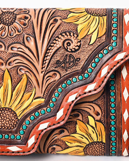ADBGA393 Tooled Leather Wallet Bag with Turquoise Stud Trim & Floral Design
