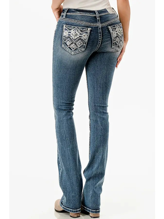 Grace In LA - Aztec Embroidery Mid-Rise Boot Cut 32"