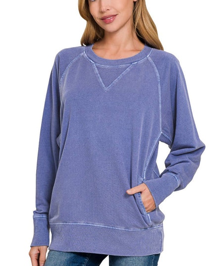 `Washed French Terry Pullover With Side Pockets Zenana