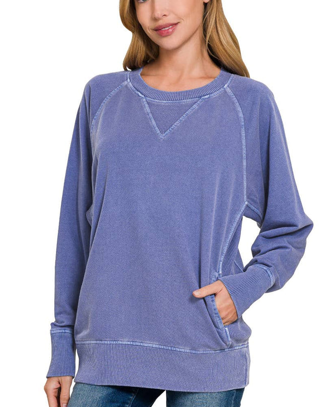 `Washed French Terry Pullover With Side Pockets Zenana