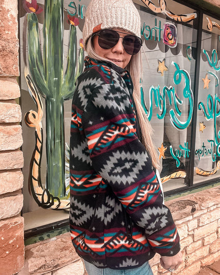 Black Aztec Printed Zip Up Collar Jacket