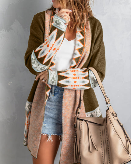 Brown Aztec Print Open Front Knitted Cardigan