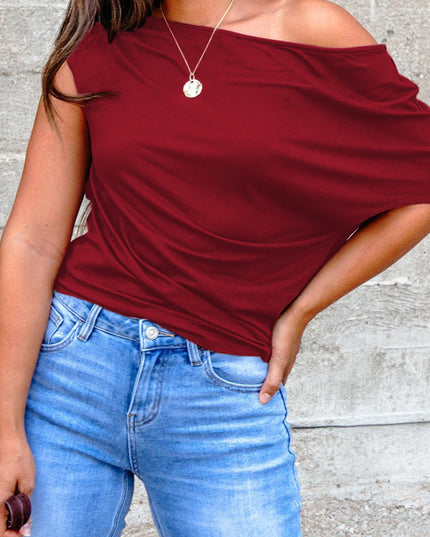 Black Plus Size Solid Color Asymmetric Neck Short Sleeve Blouse