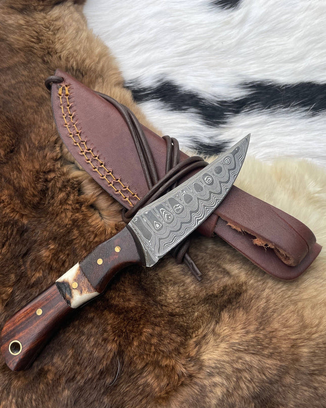 Introducing the Titan TK-060 Damascus Steel Skinner Knife with Rosewood & Stag Grip