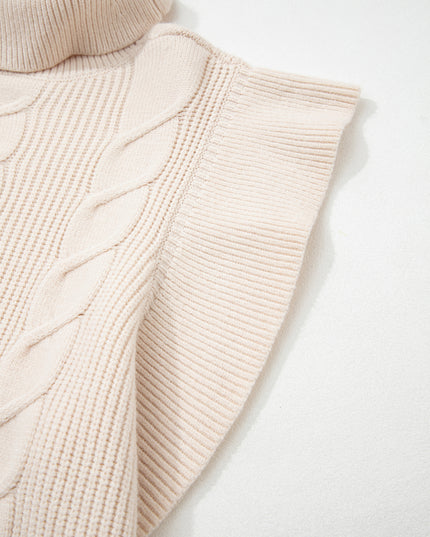 Jet Stream Cable Knit Turtleneck Ruffled Short Sleeve Sweater