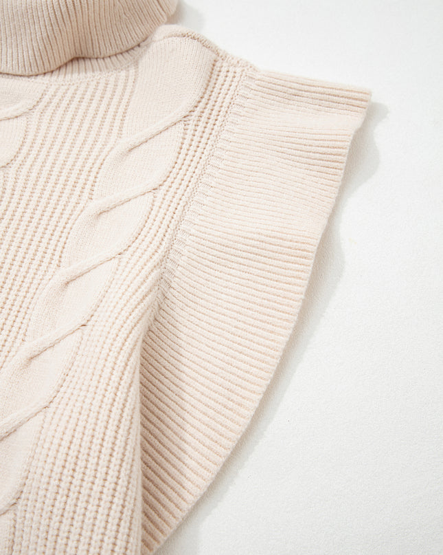 Jet Stream Cable Knit Turtleneck Ruffled Short Sleeve Sweater