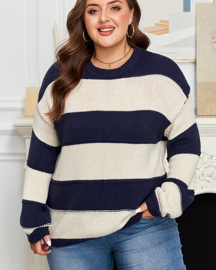 Khaki Stripe Color Block PLus Size Drop Shoulder Sweater
