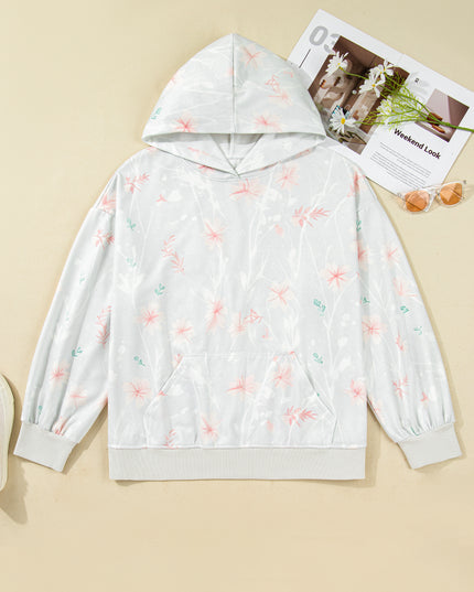 Gray Floral Print Plus Size Loose Hoodie