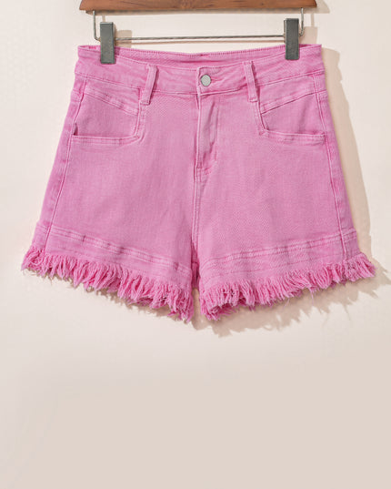 Pink Frayed Edge Mid Rise Denim Shorts