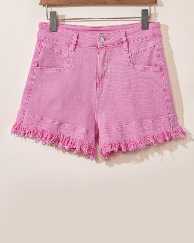 Pink Frayed Edge Mid Rise Denim Shorts