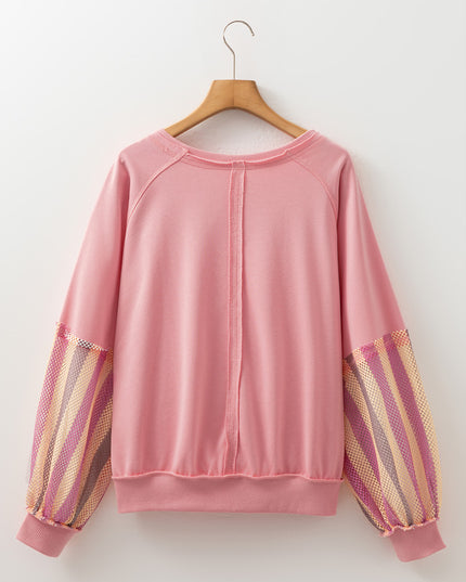 Blossom Striped Mesh Sleeve Patchwork Exposed Seam Casual Pullover Top