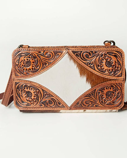LC-ADBG805 Hand-Tooled Western Leather Hair-On Hide Wallet Crossbody Bag American Darling