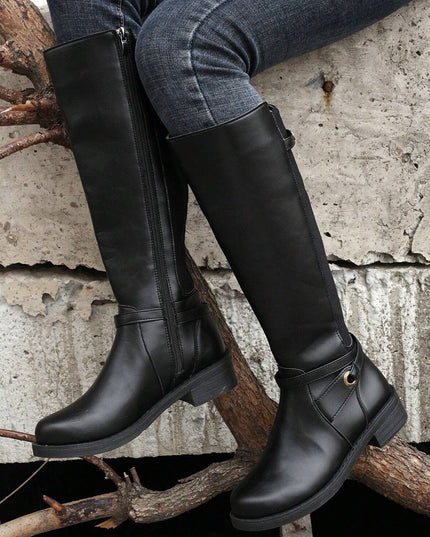 Black Side Zipper Knee High Chunky Low Heel Boots