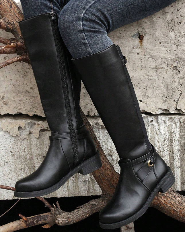 Black Side Zipper Knee High Chunky Low Heel Boots