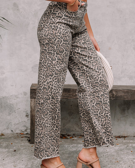 Rose Leopard Frayed Edge Wide Leg High Waist Jeans