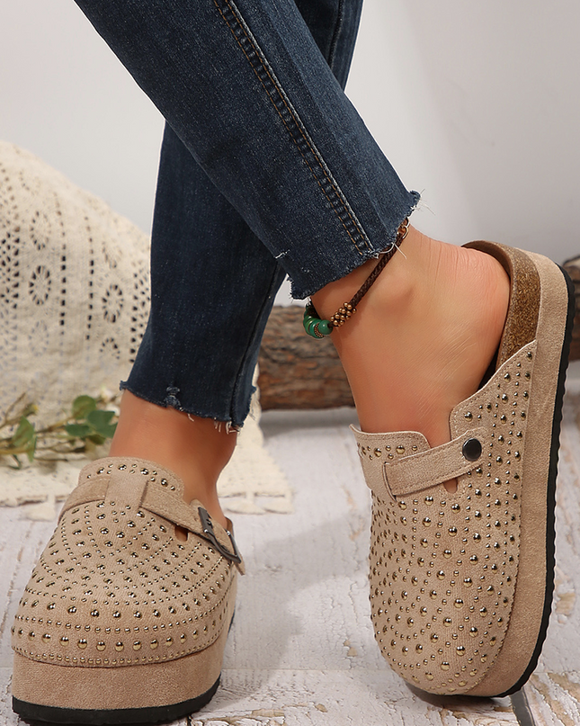 Parchment Rivet Buckle Closed Toe Platform Slippers