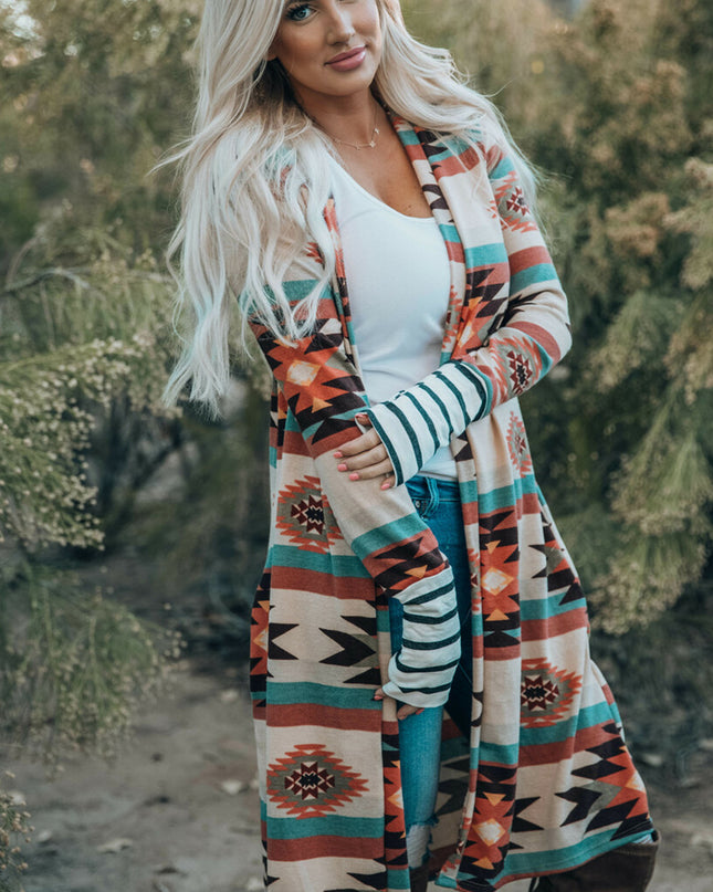 Multicolor Geometric Color Block Open Front Long Cardigan
