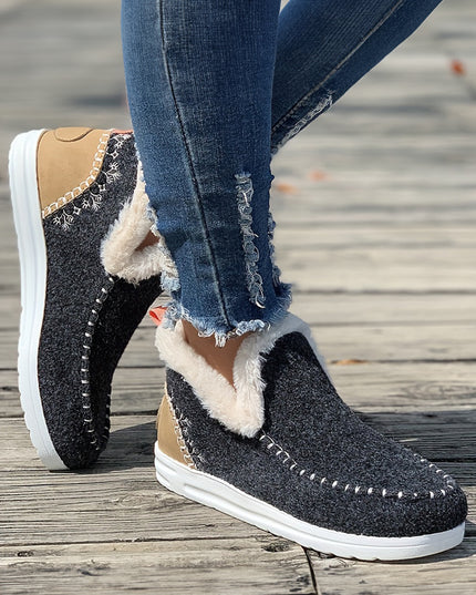 Carbon Grey Suede Stitching Patchwork Plush Lined Anklet Boots