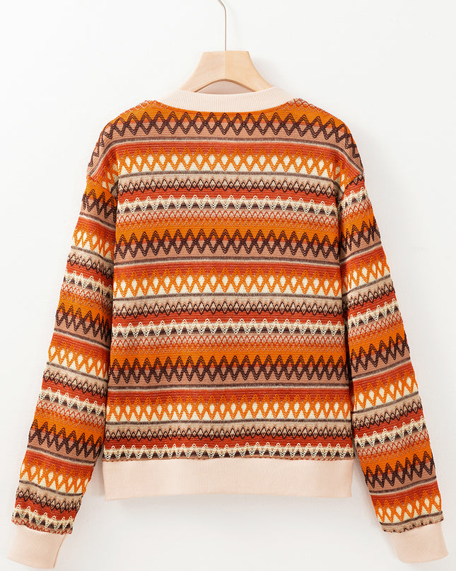Orange Boho Striped Zip Up Long Sleeve Jacket