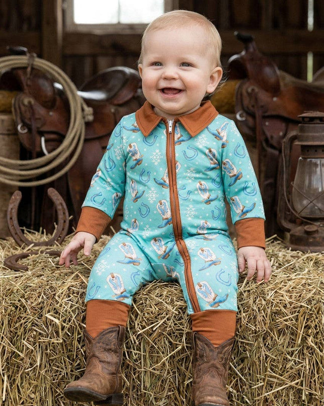 Aqua western printed baby bodysuit w/ hand & foodie fold over. RPB60455 SOL