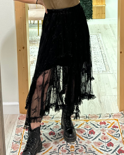 Black Lace Cascading Tiered High Waist Maxi Skirt