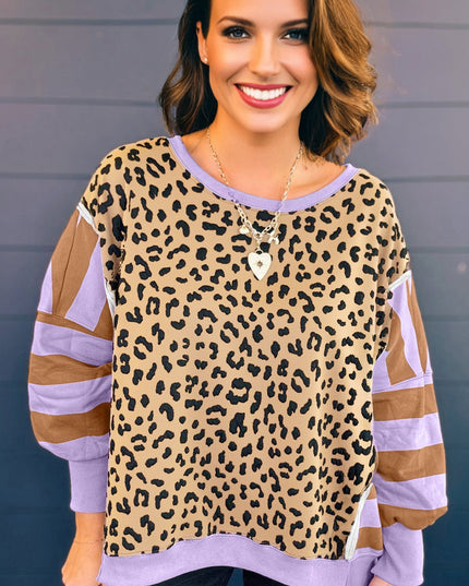 Khaki Leopard Striped Patchwork Plus Size Loose Sweatshirt