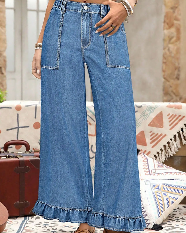 Ashleigh Blue Plus Size Elastic Waist Ruffled Wide Leg Denim Pants