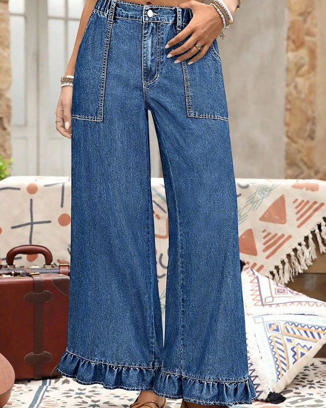 Ashleigh Blue Plus Size Elastic Waist Ruffled Wide Leg Denim Pants
