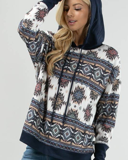 KC020-TANIA AZTEC PRINT COLOR BLOCK HOODIE