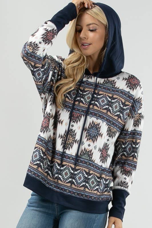 KC020-TANIA AZTEC PRINT COLOR BLOCK HOODIE
