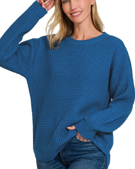 Hi Low Long Sleeve Round Neck Waffle Sweater Zenana