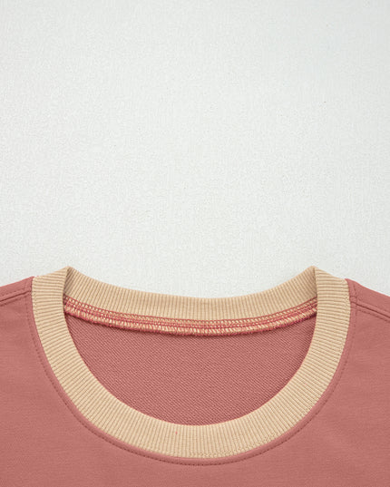 Rose Pink Contrast Star Patchwork Exposed Seam Uneven Hem Drop Shoulder Sweatshirt