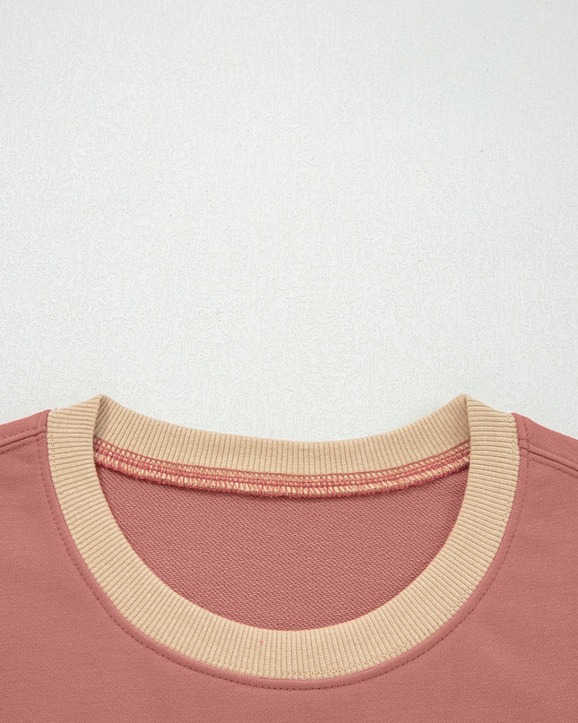 Rose Pink Contrast Star Patchwork Exposed Seam Uneven Hem Drop Shoulder Sweatshirt