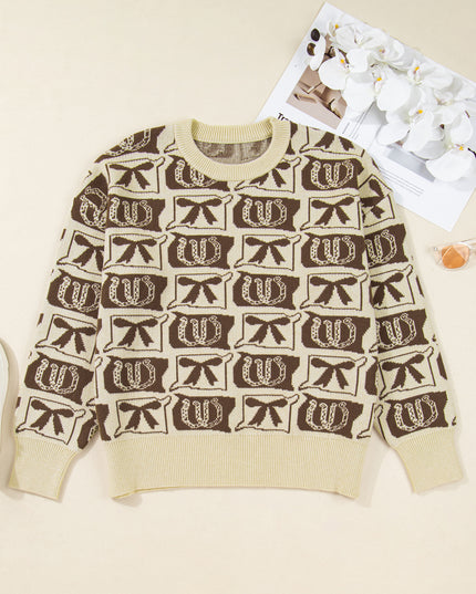 Brown Bow Horseshoe Print Checkered Plus Size Sweater