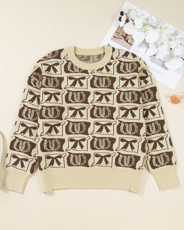 Brown Bow Horseshoe Print Checkered Plus Size Sweater