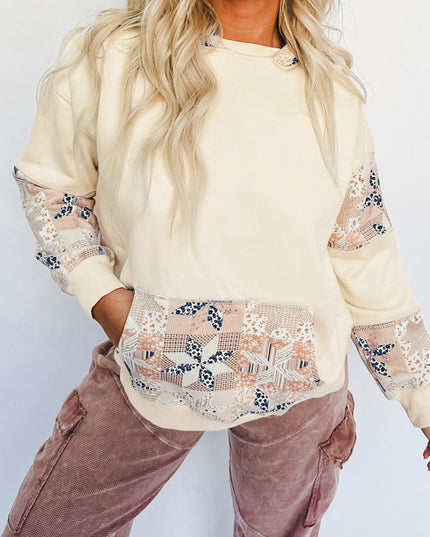 Beige Western Geo Pattern Patchwork Hoodie with Kangaroo Pocket