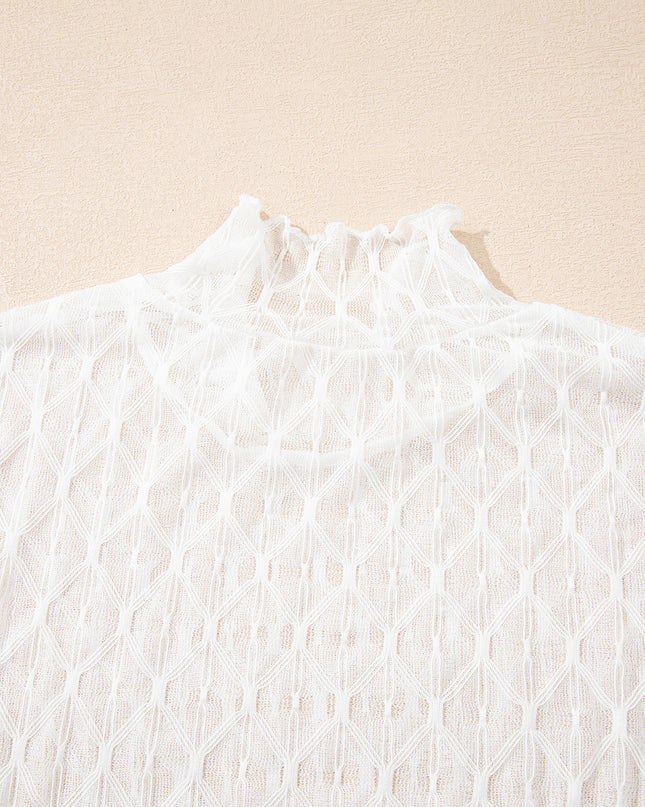 Beige Sheer Mesh Patterned Lettuce Trim Slim Long Sleeve Top