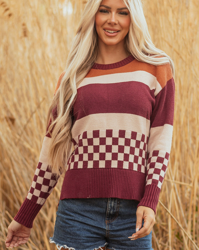 Brown Checkered Color Block Knitted Drop Shoulder Sweater