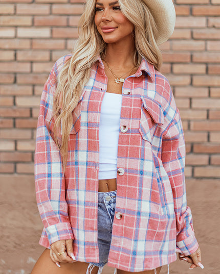 Pink Plaid Flap Pocket Button Up Shacket